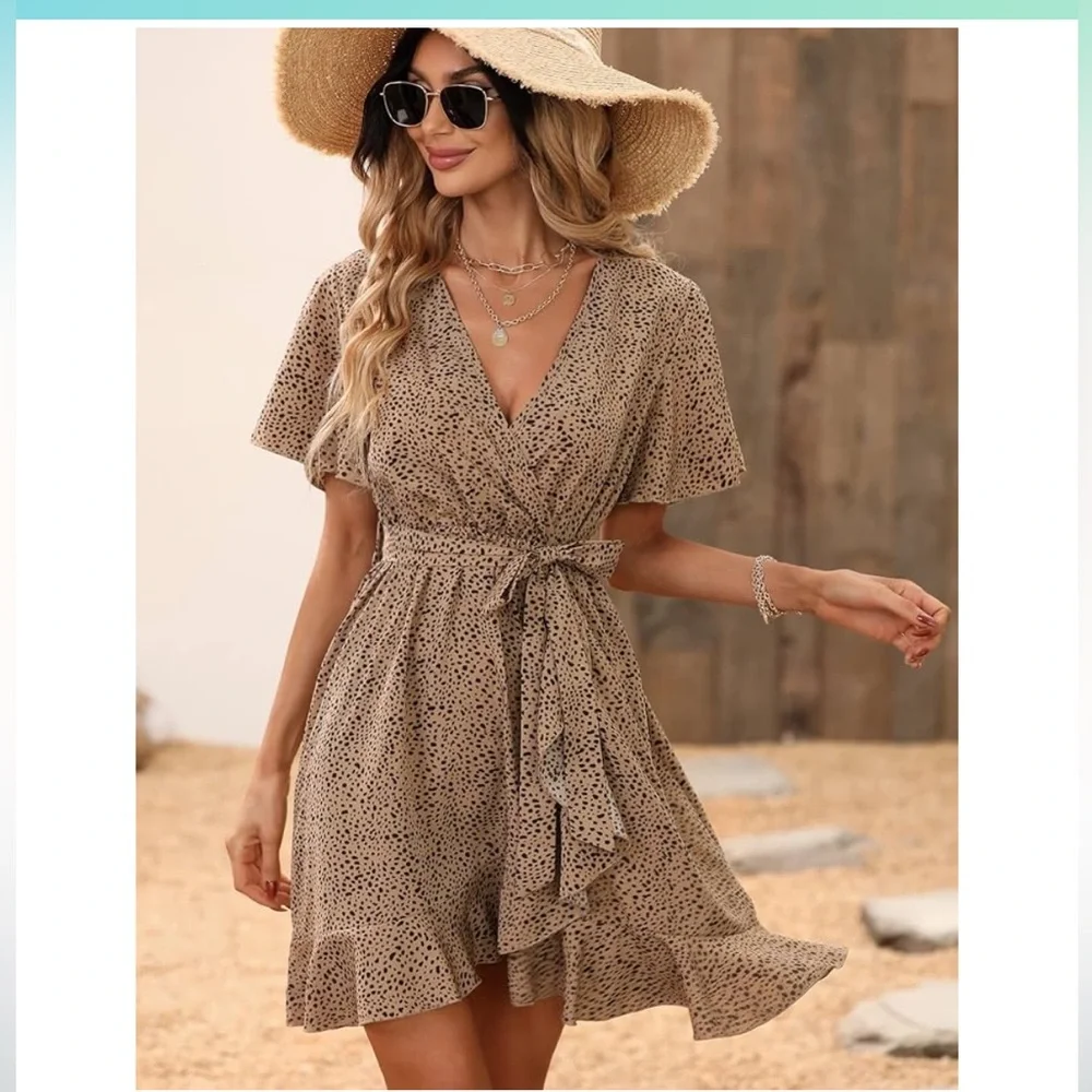 Elegant Brown Polka Dot Wrap Dress